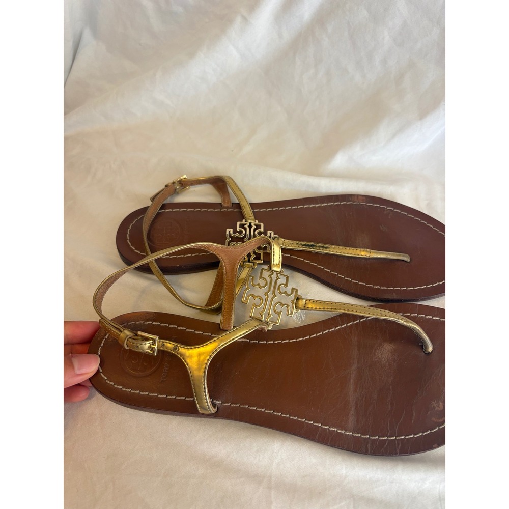 Tory Burch Miller Metallic Gold Leather Thong Ankle Strap Sandals Womens 8.5 M - Picture 5 of 6